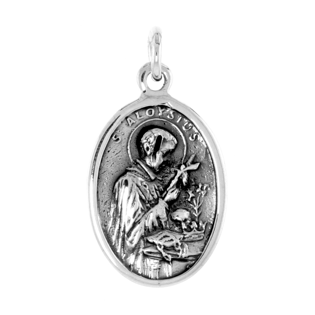 STERLING SILVER ST ALOYSIUS AND ST GABRIEL MEDAL PENDANT OXIDIZED FINISH OVAL 1 INCH
