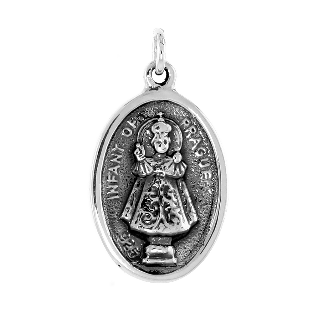 STERLING SILVER CHRIST OF PRAGUE AND SACRED HEART MEDAL PENDANT OXIDIZED FINISH OVAL 1 INCH
