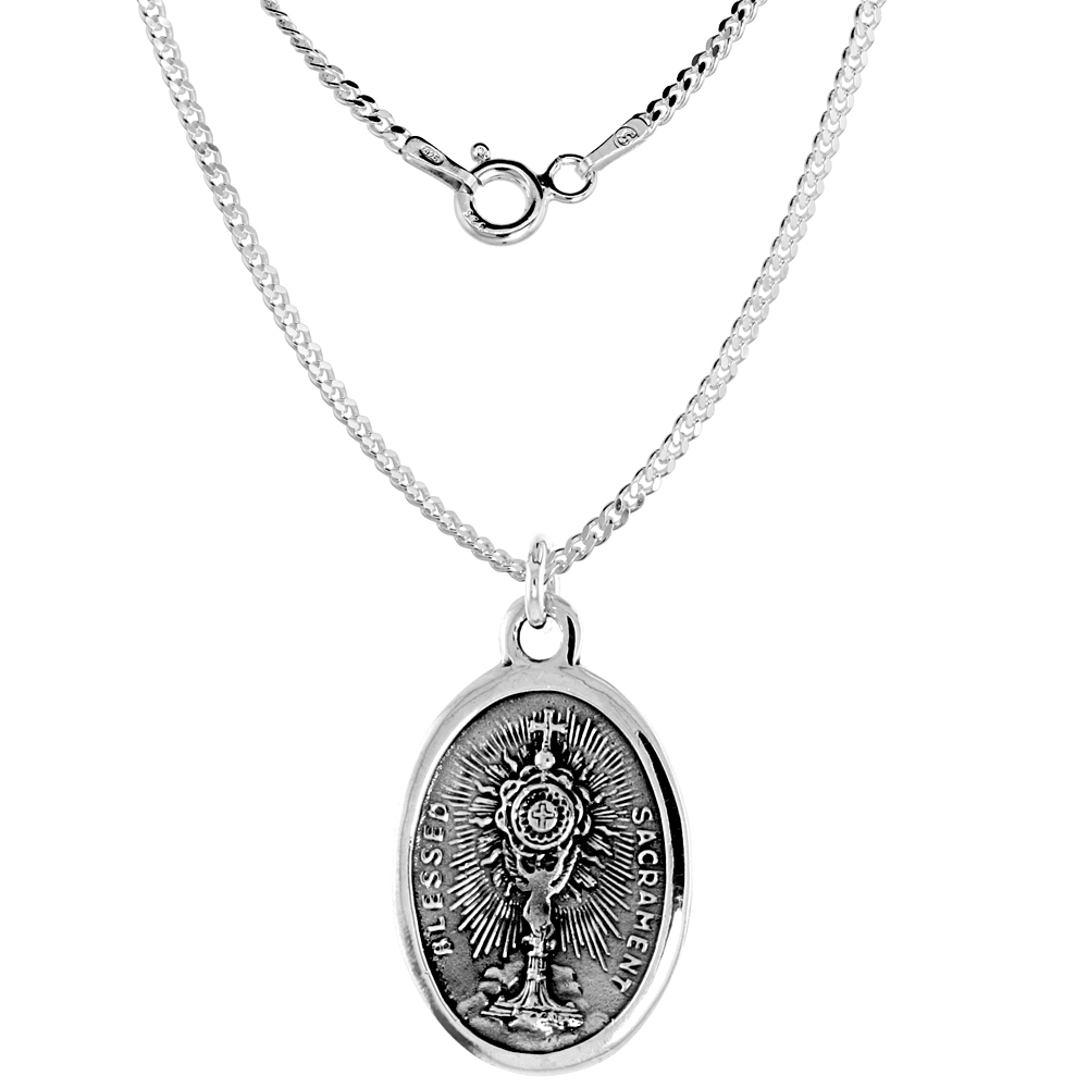 Sterling Silver St Charles Borromeo Medal with Blessed Sacrament Necklace Oxidized finish Oval 1.8mm Chain