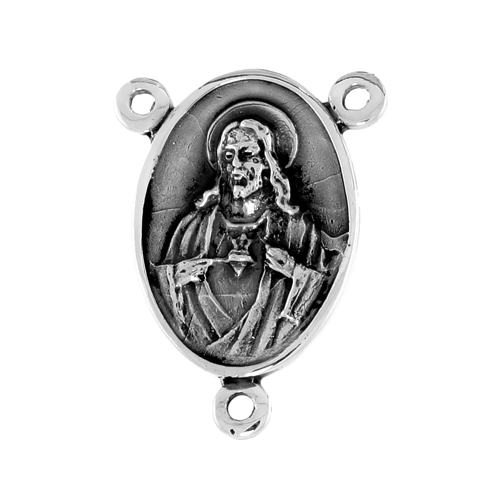 STERLING SILVER ROSARY CENTER SACRED HEART MEDAL PENDANT FOR MEN AND WOMEN 7/8 INCH