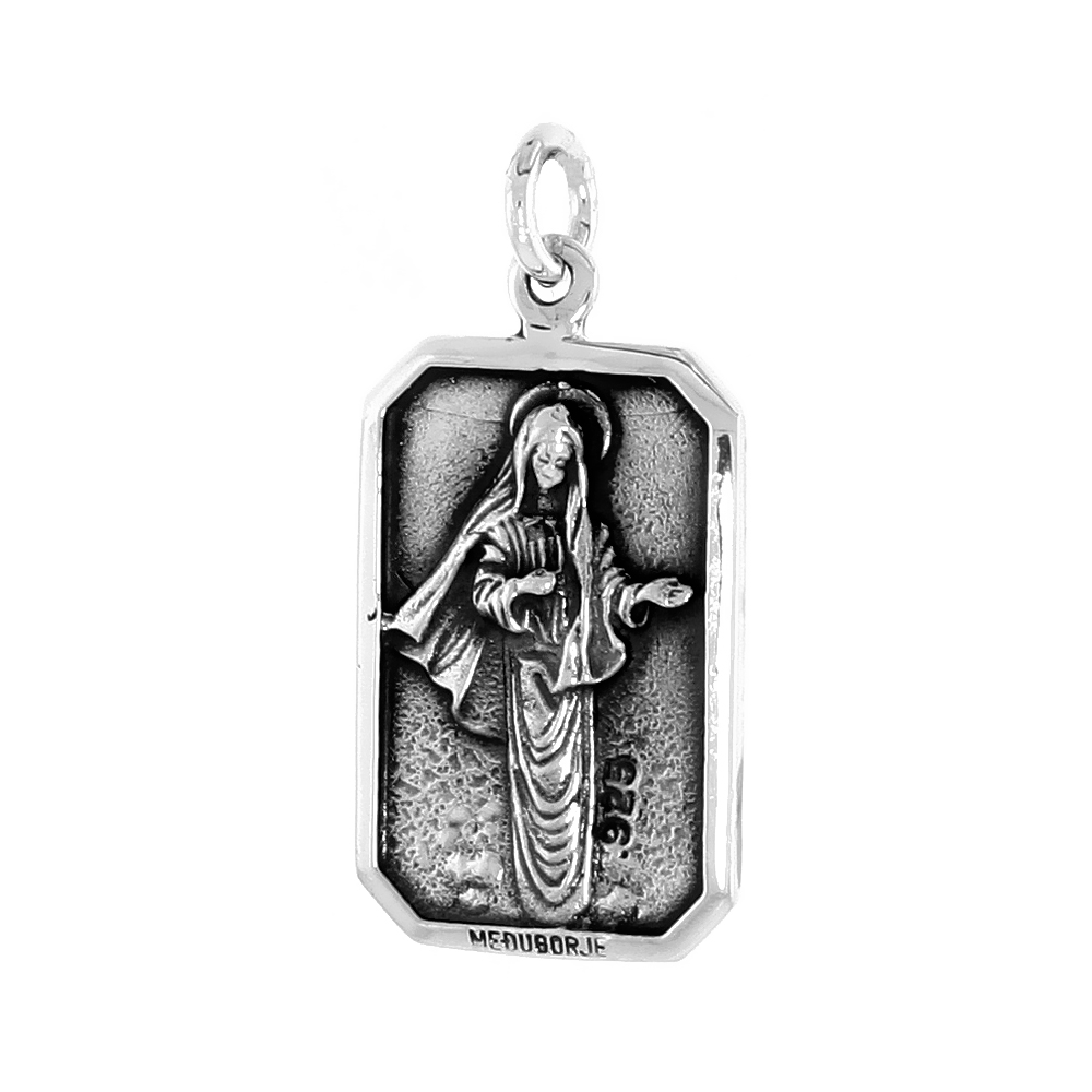 STERLING SILVER ST MARY MEDAL PENDANT OXIDIZED FINISH OCTAGON 3/4 INCH