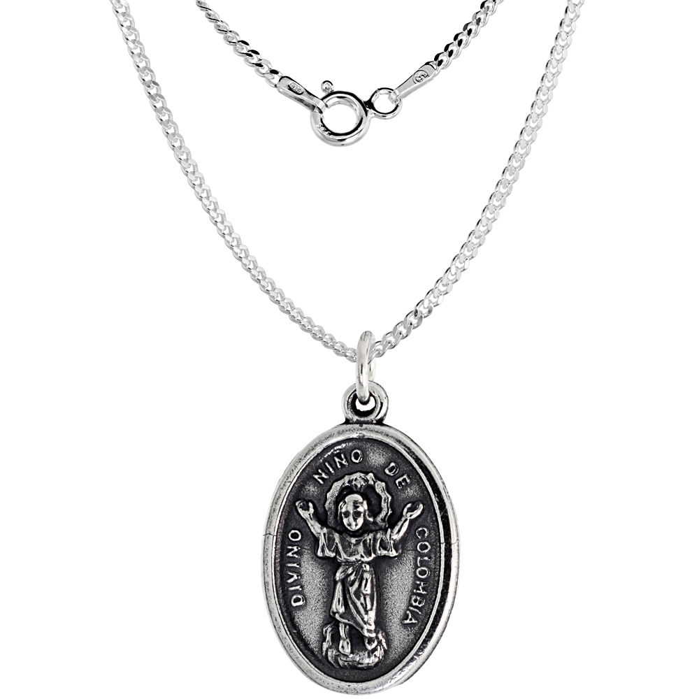 Sterling Silver Divine Christ of Colombia Medal Necklace Oxidized finish Oval 1.8mm Chain