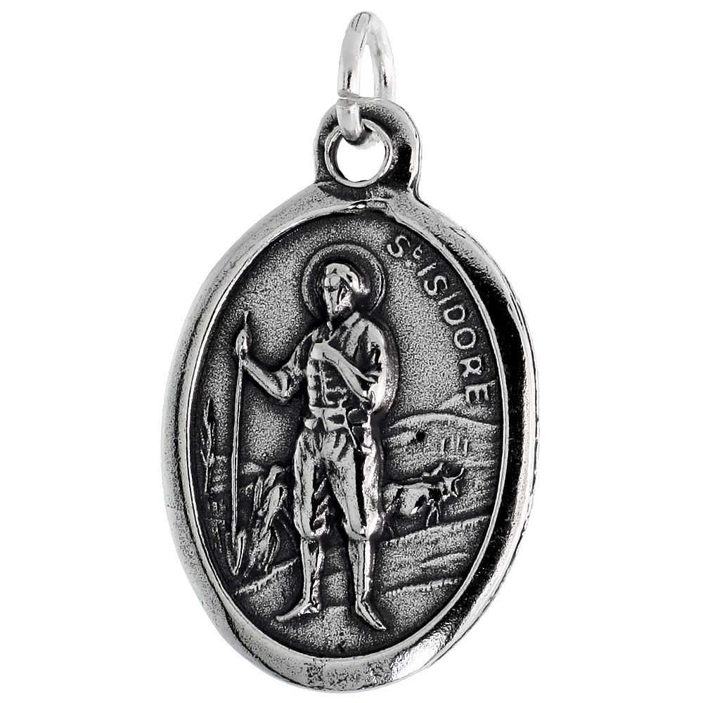 STERLING SILVER ST ISIDORE MEDAL PENDANT OXIDIZED FINISH OVAL 7/8 INCH