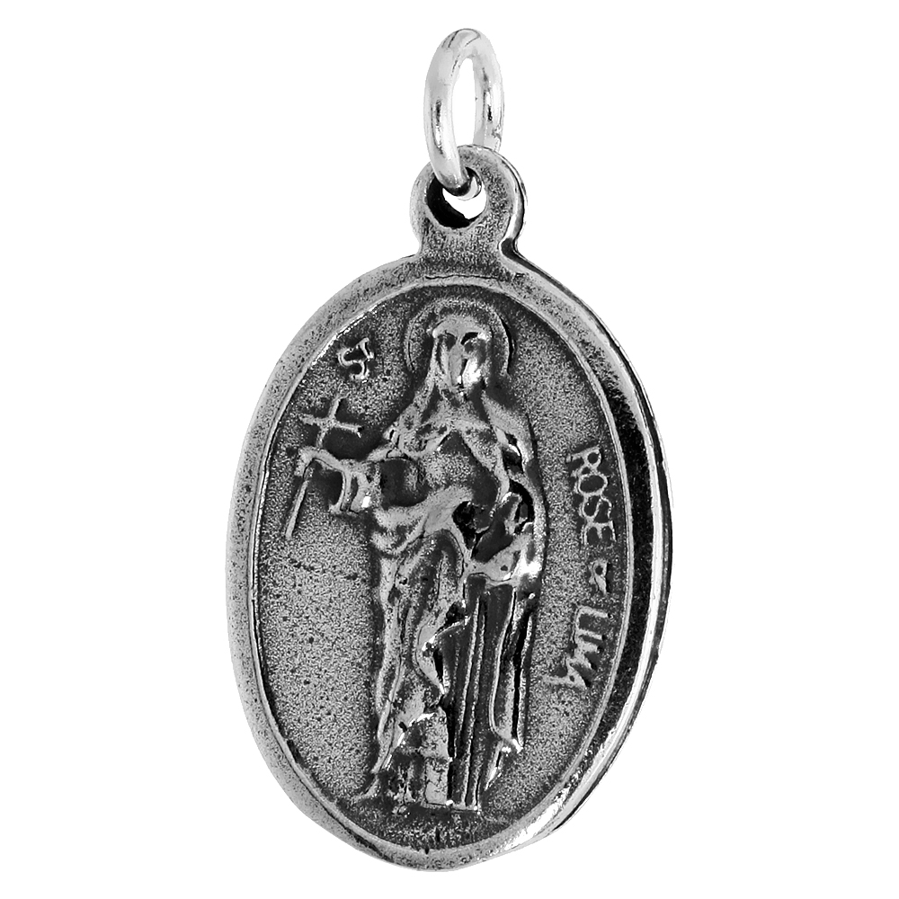 STERLING SILVER ST ROSE OF LIMA MEDAL PENDANT OXIDIZED FINISH OVAL 7/8 INCH