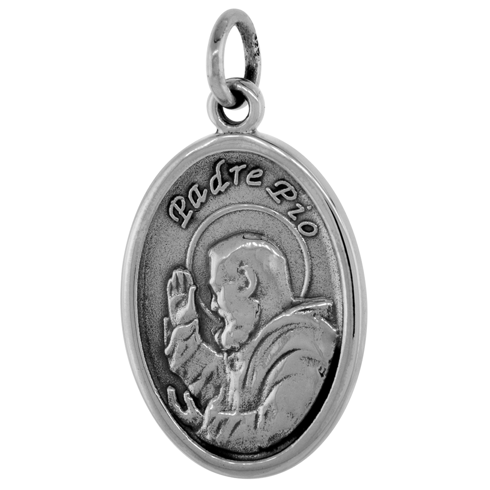 STERLING SILVER ST PADRE PIO MEDAL PENDANT OXIDIZED FINISH OVAL 7/8 INCH