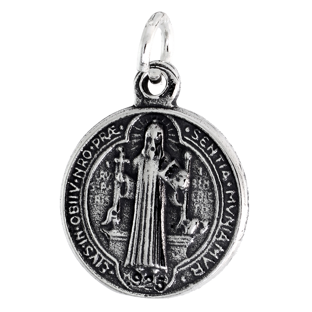 STERLING SILVER SAINT BENEDICT MEDAL PENDANT OXIDIZED FINISH ROUND 3/4 INCH ROUND AVAILABLE WITH OR WITHOUT A SILVER CHAIN
