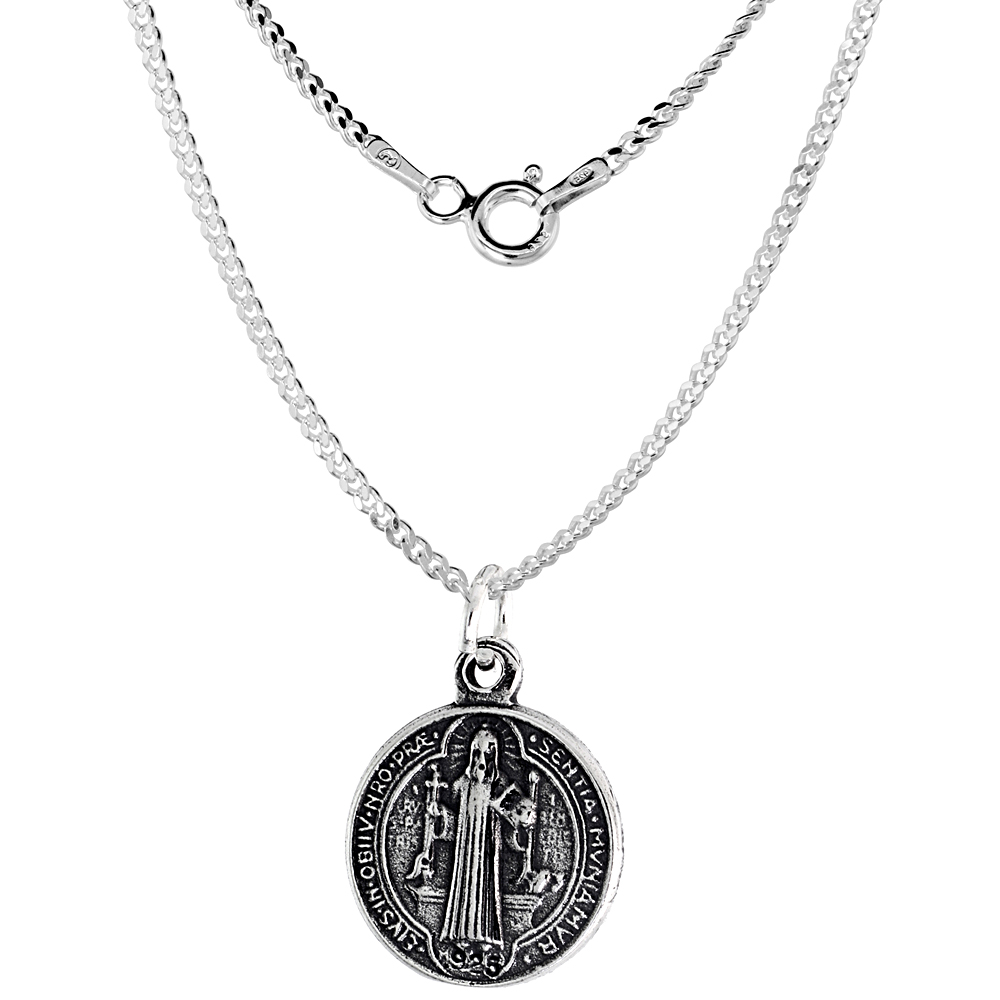 Sterling Silver Saint Benedict Medal Pendant Oxidized finish Round 3/4 inch Round Available with or without a Silver Chain