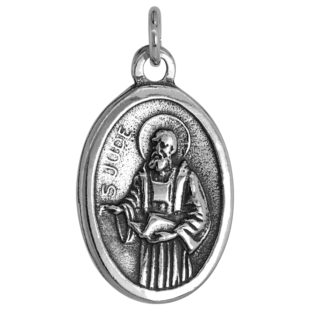 STERLING SILVER ST JUDE MEDAL PENDANT OXIDIZED FINISH OVAL 1 INCH