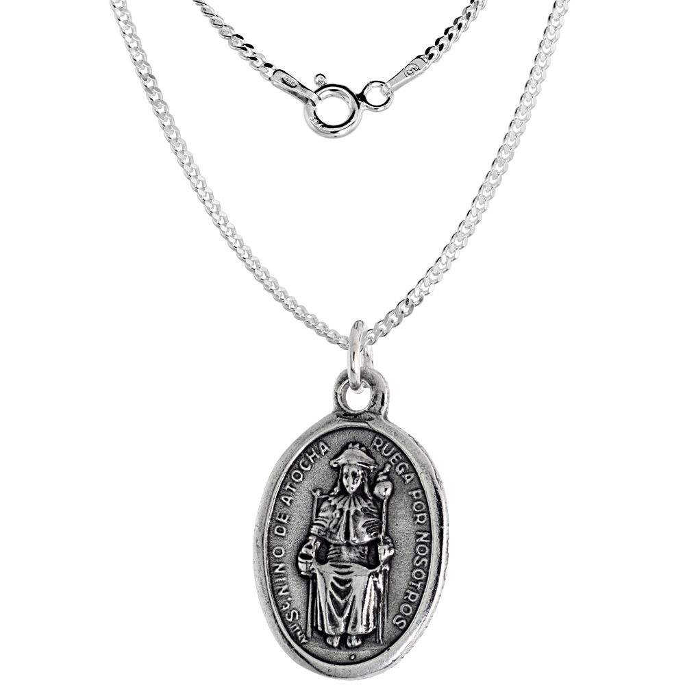 Sterling Silver St Nio De Atocha Medal Pendant Oxidized finish Oval 7/8 inch