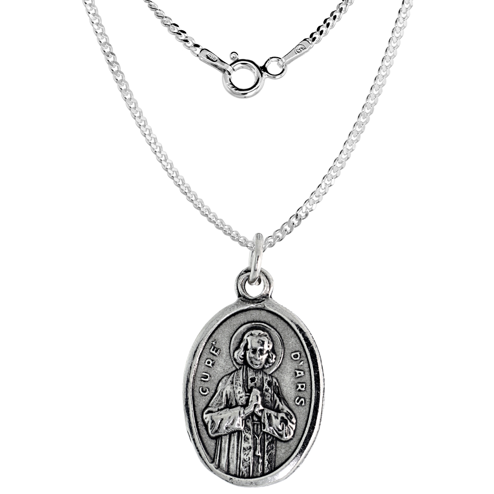 Sterling Silver St John Vianney Medal Pendant Oxidized finish Medal Pendant Oxidized finish Oval 7/8 inch