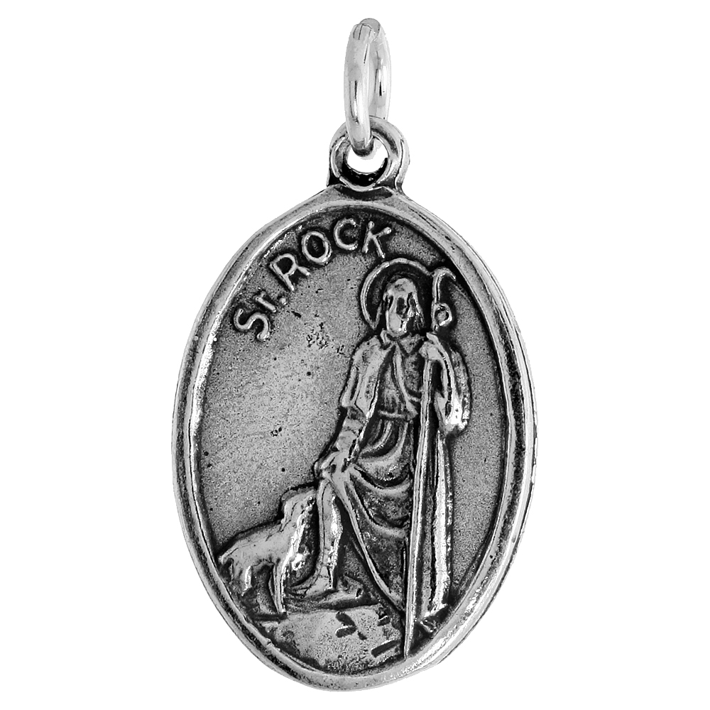STERLING SILVER ST ROCK ST ROCH MEDAL PENDANT OXIDIZED FINISH OVAL 7/8 INCH