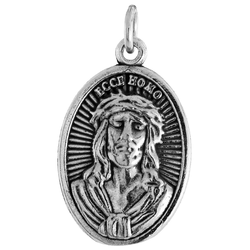 STERLING SILVER JESUS CHRIST CROWN OF THORNS MATER DOLOROSA MEDAL PENDANT OXIDIZED FINISH OVAL 7/8 INCH