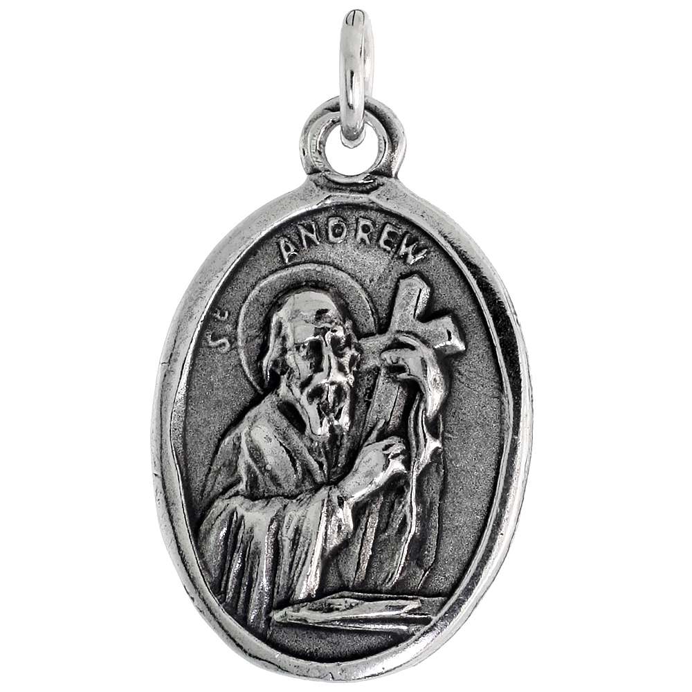 STERLING SILVER ST ANDREW MEDAL PENDANT OXIDIZED FINISH OVAL 7/8 INCH