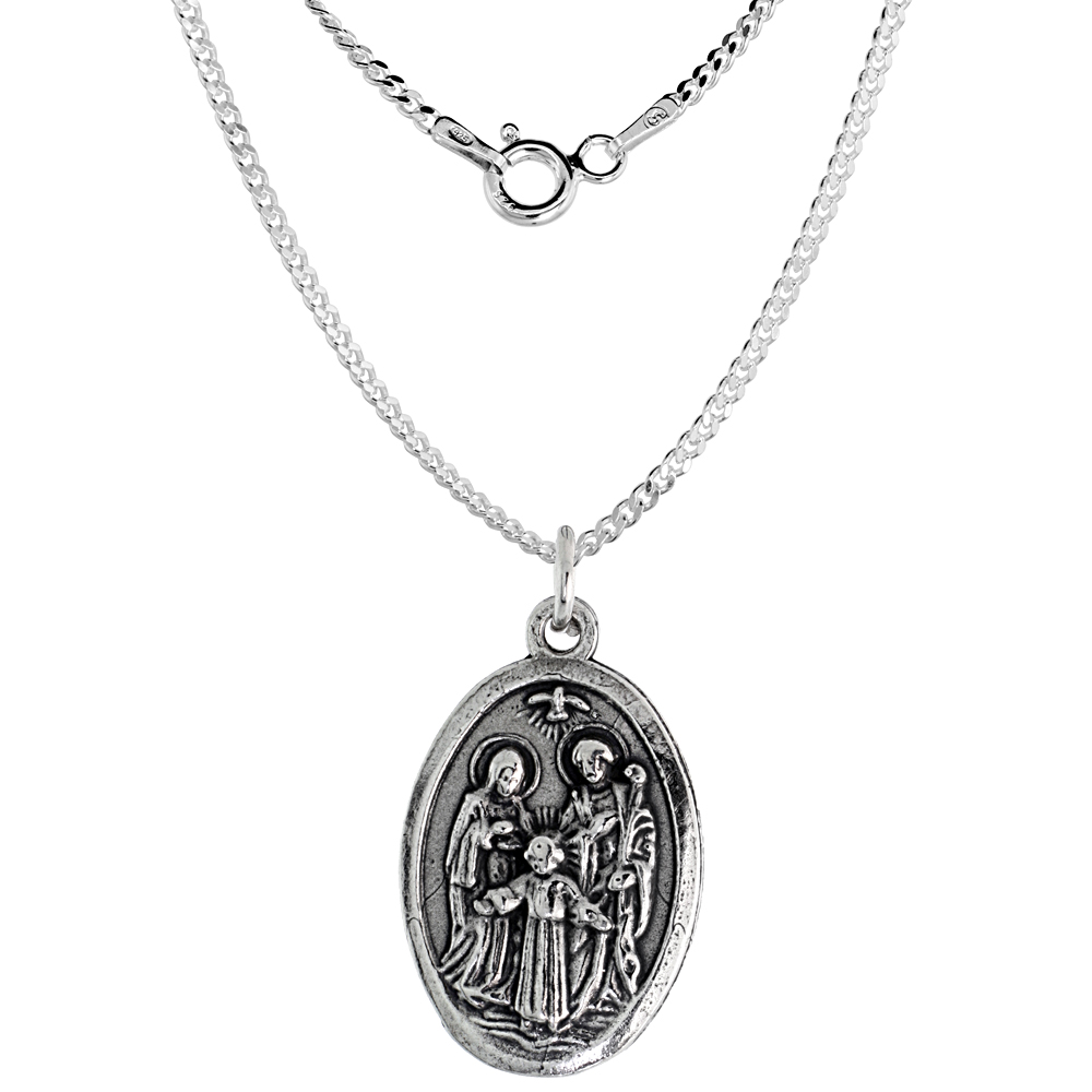 Sterling Silver Holy Family St Joseph Blessed Virgin Mary &amp; Christ Medal Pendant Oxidized finish Oval 7/8 inch