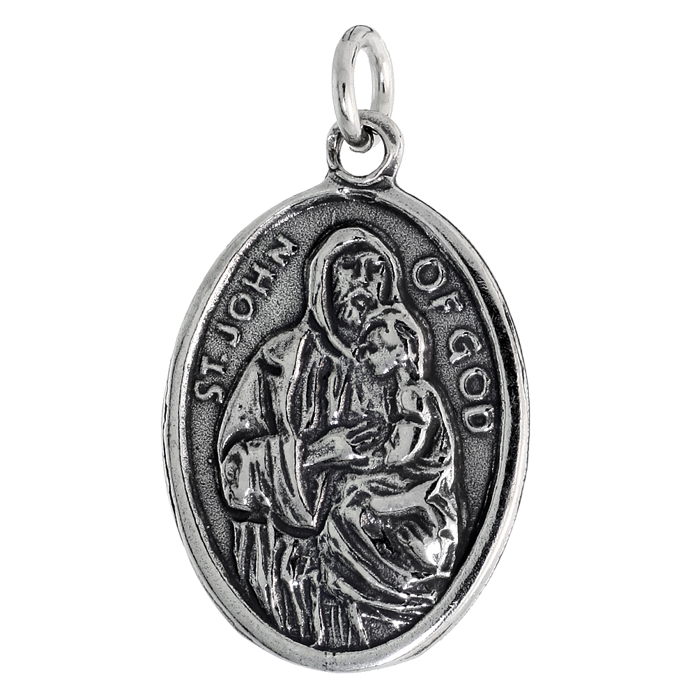 STERLING SILVER ST JOHN OF GOD SAN JUAN DE DIOS MEDAL PENDANT OXIDIZED FINISH OVAL 7/8 INCH