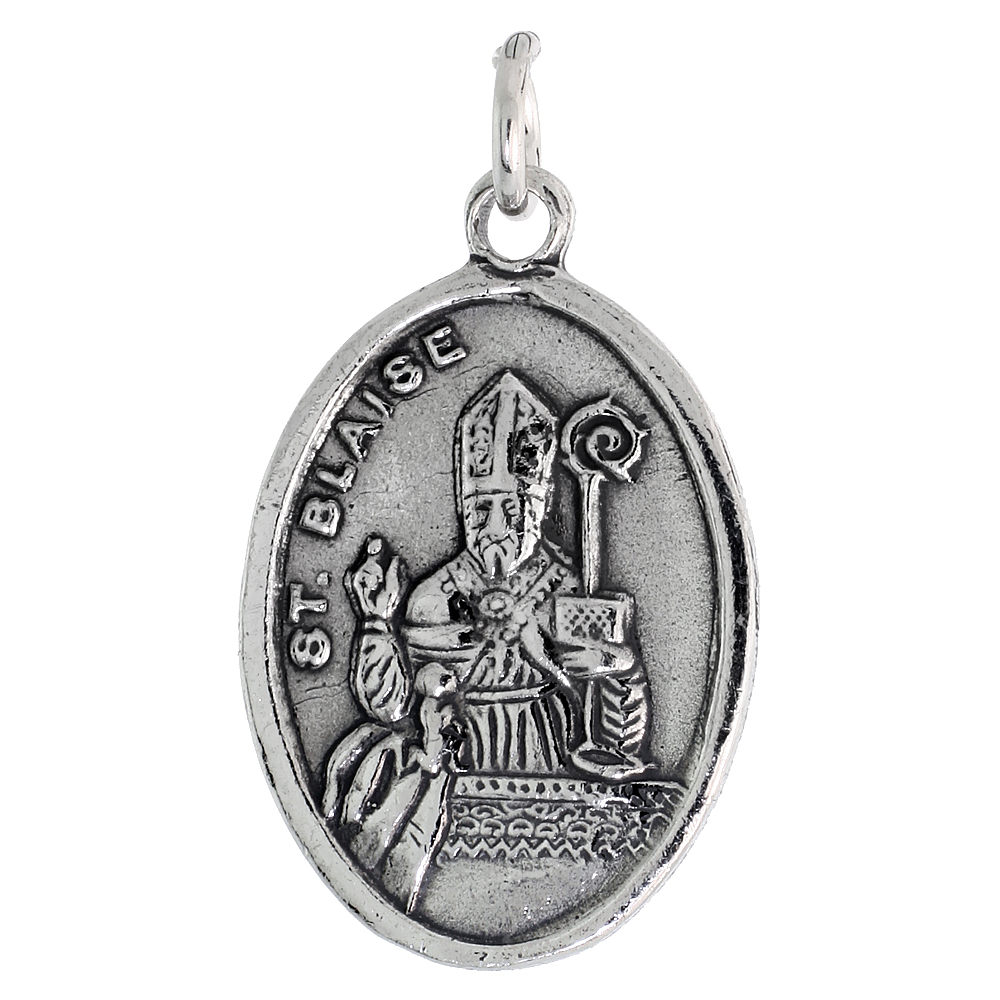 STERLING SILVER ST BLAISE MEDAL PENDANT OXIDIZED FINISH OVAL 7/8 INCH
