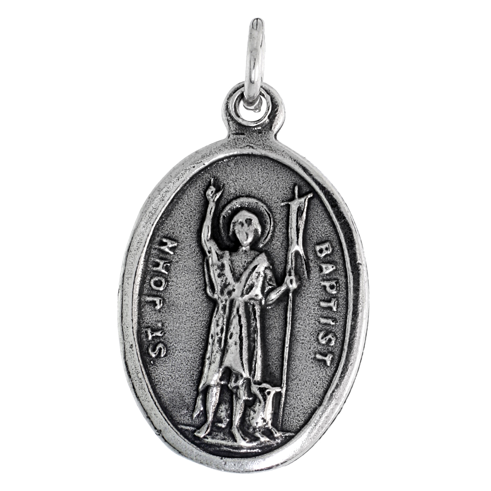 STERLING SILVER ST JOHN MEDAL PENDANT OXIDIZED FINISH OVAL 7/8 INCH