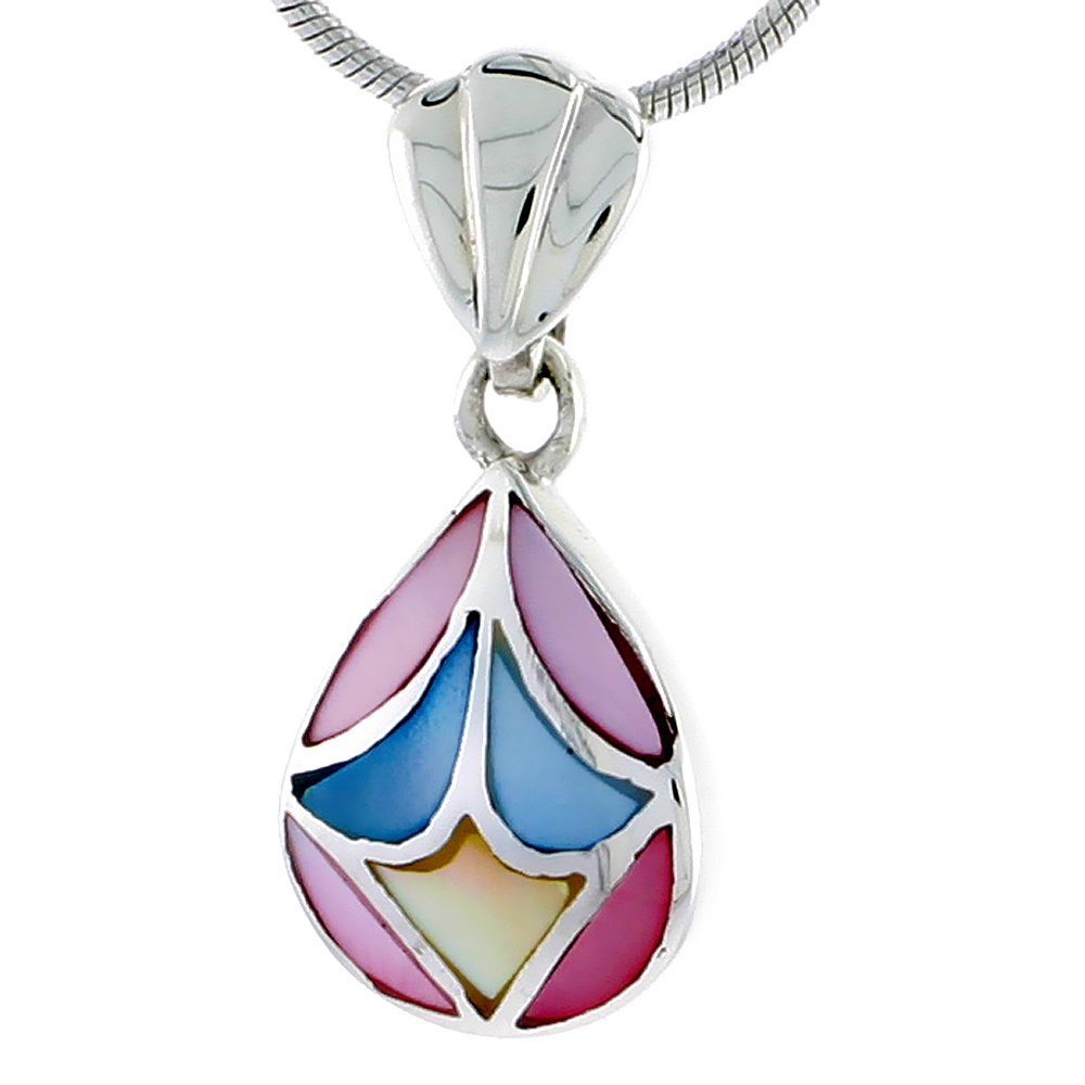Sterling Silver Pear-shaped Pink, Blue & Light Yellow Mother of Pearl Inlay Pendant, 9/16" (14 mm) tall 