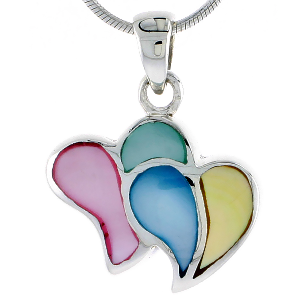 Sterling Silver Double Heart Pink, Blue, Green &amp; Light Yellow Mother of Pearl Inlay Pendant, 11/16&quot; (17 mm) tall 