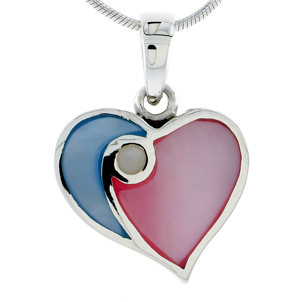 Sterling Silver Heart Pink & Blue Mother of Pearl Inlay Pendant, 11/16" (17 mm) tall 