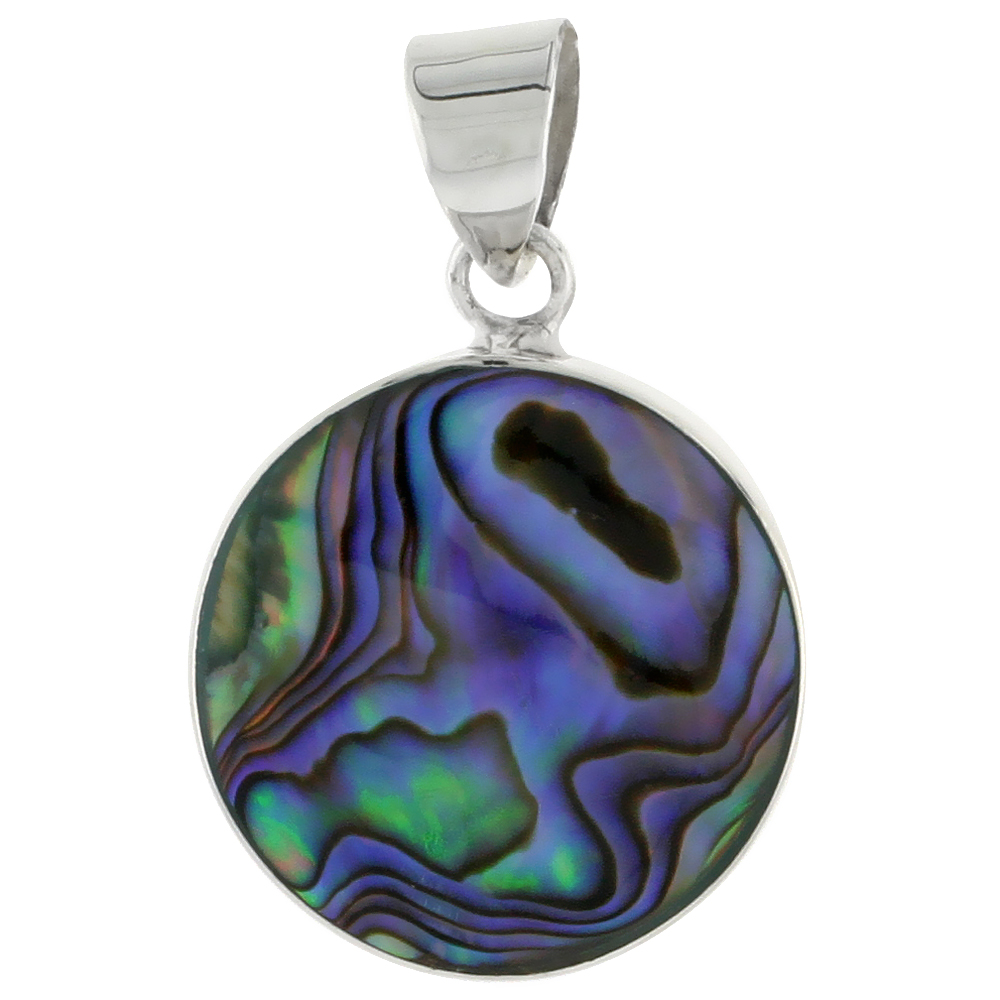 Sterling Silver Round Abalone Shell Inlay Pendant, 3/4" (20 mm) tall 