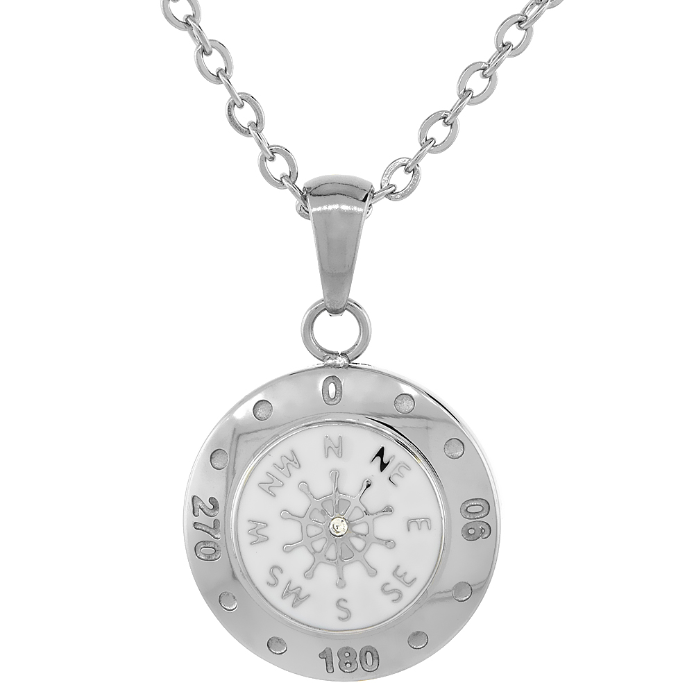Stainless Steel Wheel Compass Necklace Round White Enamel with 18 inch Steel Chain, 11/16 inch wide