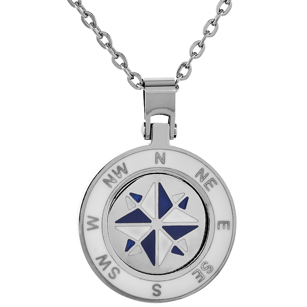 Stainless Steel compass Necklace Round White &amp; Blue Enamel with 18 inch Steel Chain, 13/16 inch wide