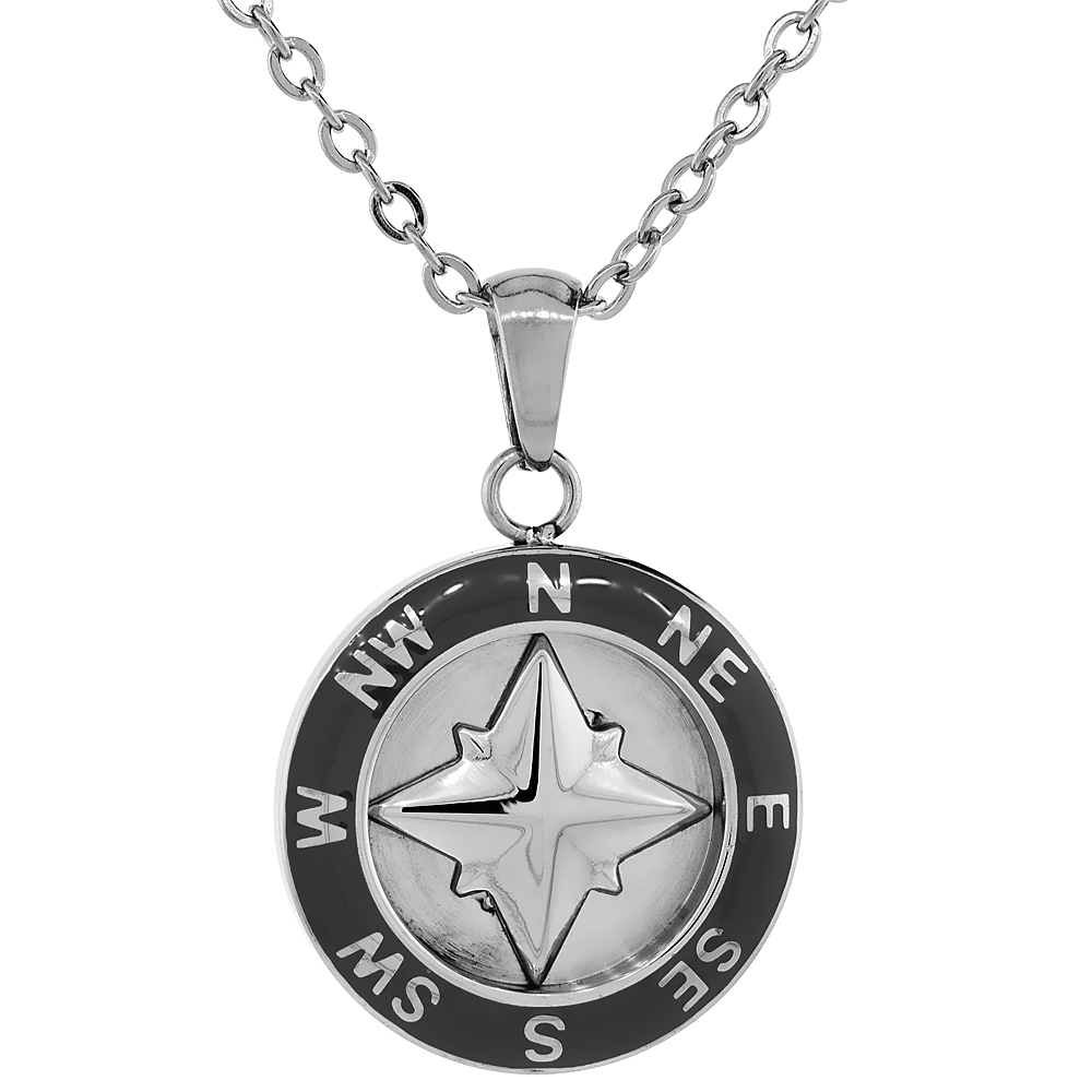 Stainless Steel Compass Necklace Round Black Enamel with 18 inch Steel Chain, 13/16 inch wide