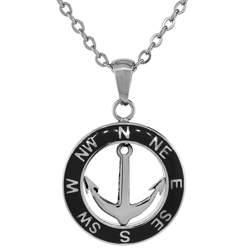 Stainless Steel Anchor Compass Necklace Round Black Enamel with 18 inch Steel Chain, 13/16 inch wide