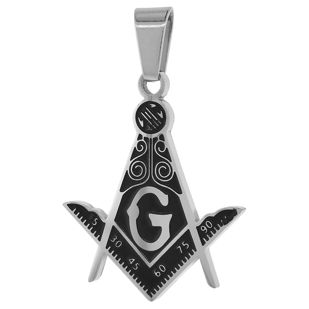 Stainless Steel Masonic Necklace Square and Compass Pendant Antique Finish 30 inch Chain, 1 1/4 inch