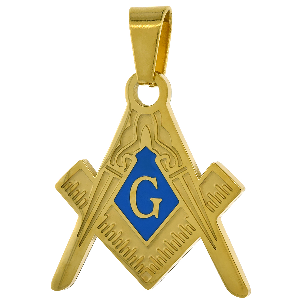Stainless Steel Masonic Necklace Square and Compass Pendant Gold &amp; Blue Finish 30 inch Chain, 1 1/8 inch