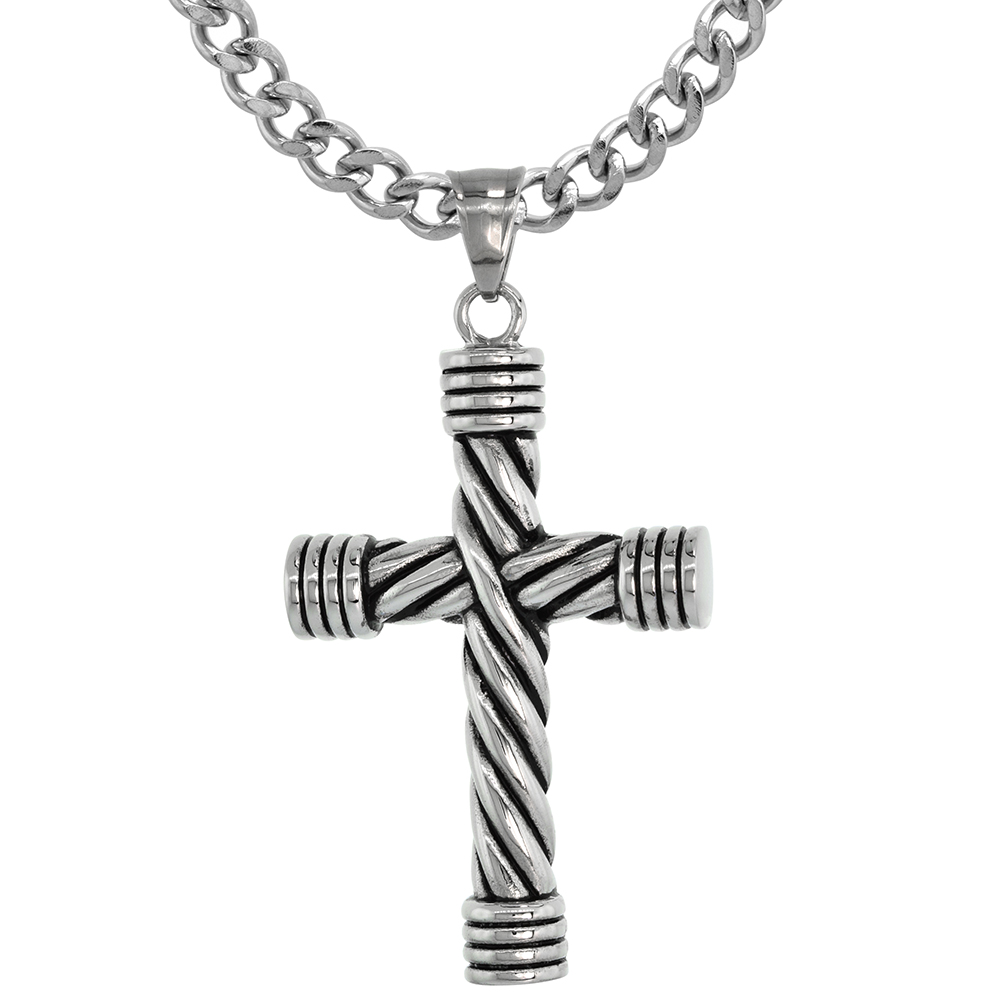 Surgical Steel Cable Rope Cross Pendant Necklace for Men 1 7/8 inch
