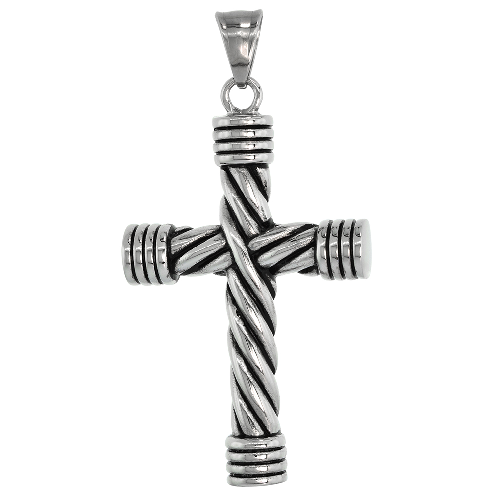 Surgical Steel Cable Rope Cross Pendant for Men 1 7/8 inch