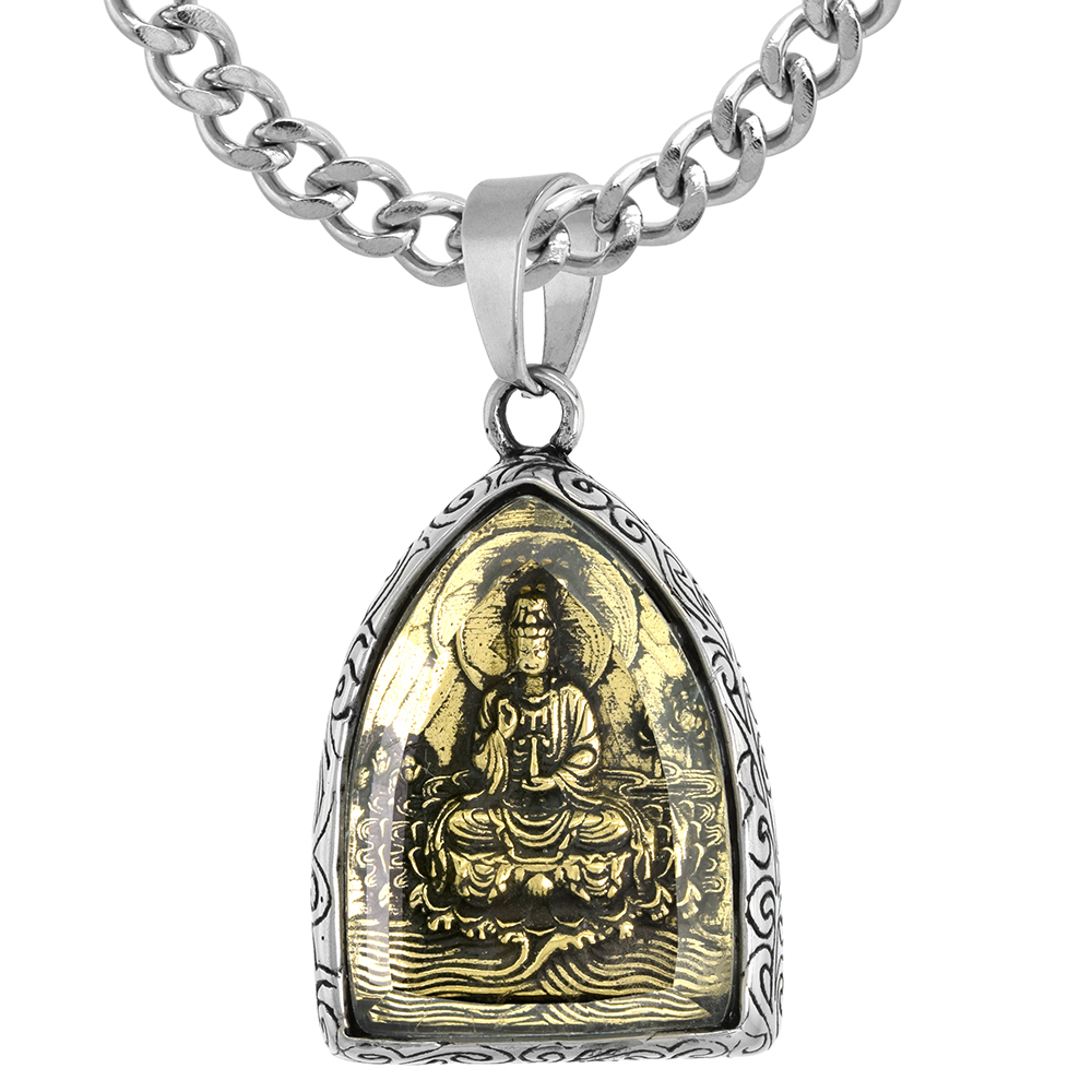 Stainless Steel Guan Shi Yin Pendant Necklace for Men Faceted Glass Cover Two Tone 1 1/2 inch