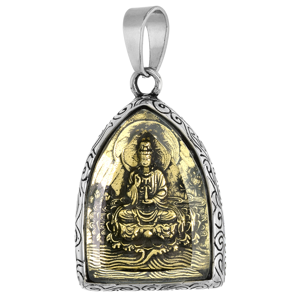 Stainless Steel Guan Shi Yin pendant for Men Faceted Glass Cover Two Tone 1 1/2 inch