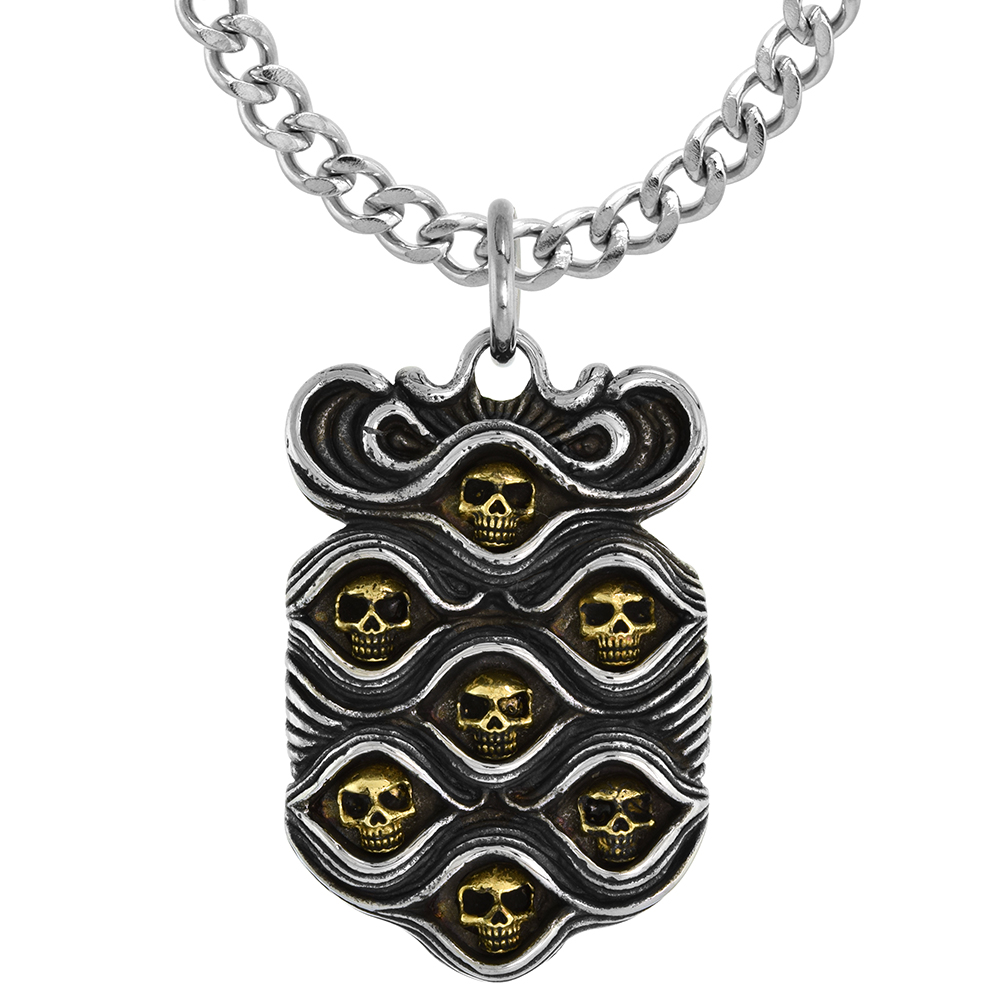 Stainless Steel Seven Skulls Pendant Necklace for Men Two Tone 1 3/4 inch