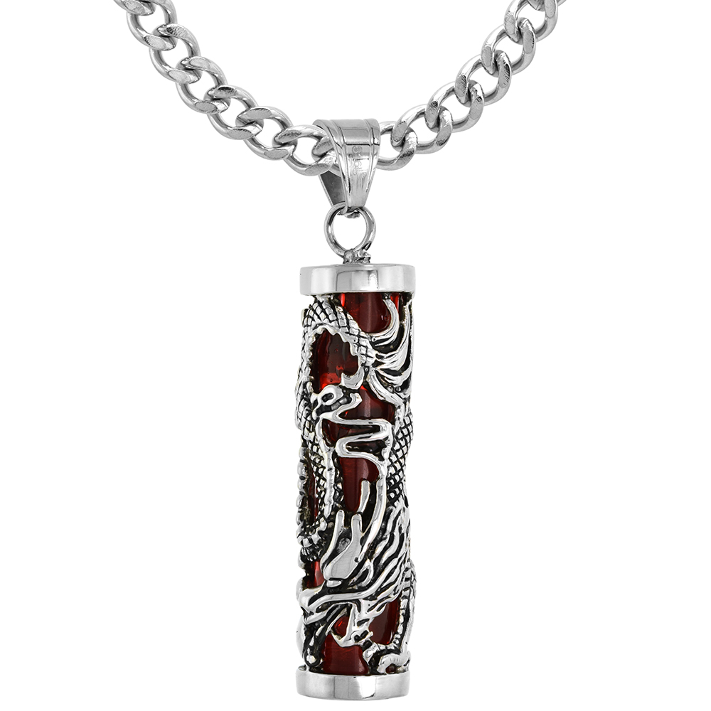 Stainless Steel Chinese Dragon Pendant Necklace for Men Takrut Mangorn Paya Nakarach Red Glass 2 inch