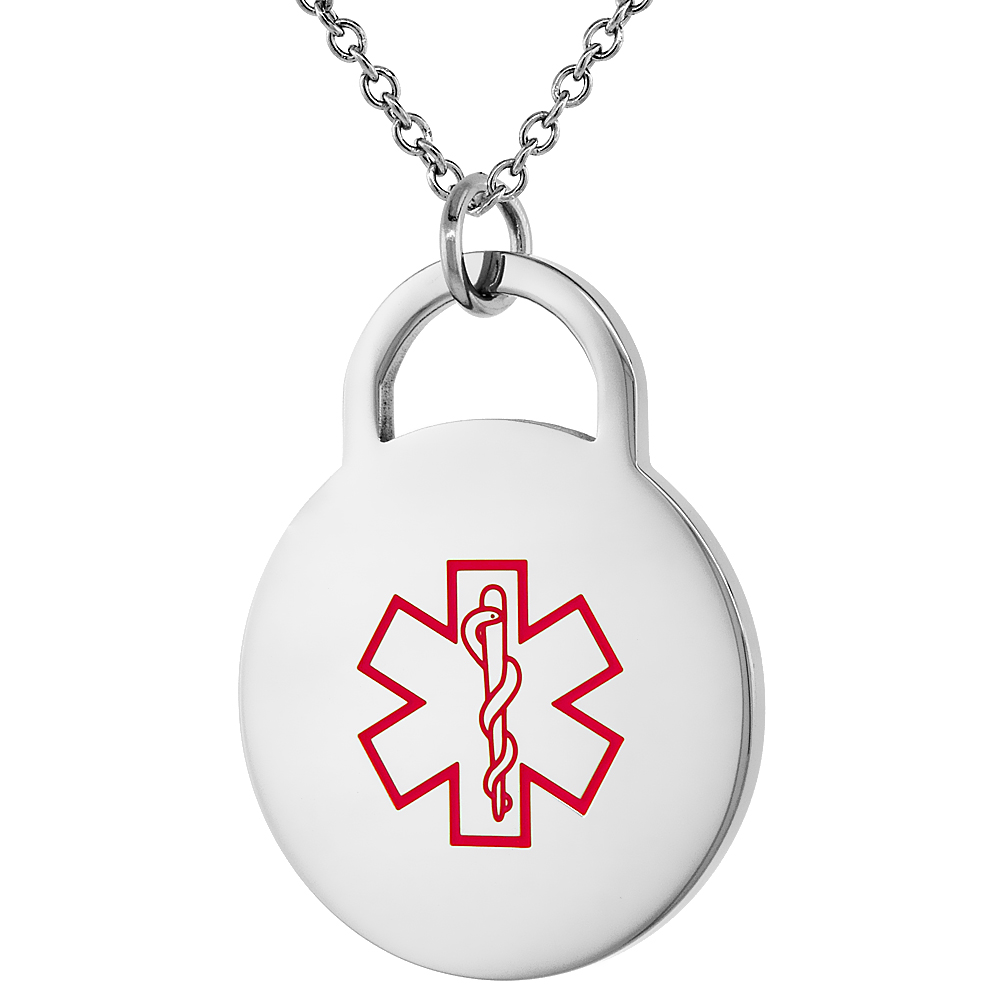Surgical Steel Medical Alert Alzheimers Necklace 1 Inch Round, 24 Inch Long