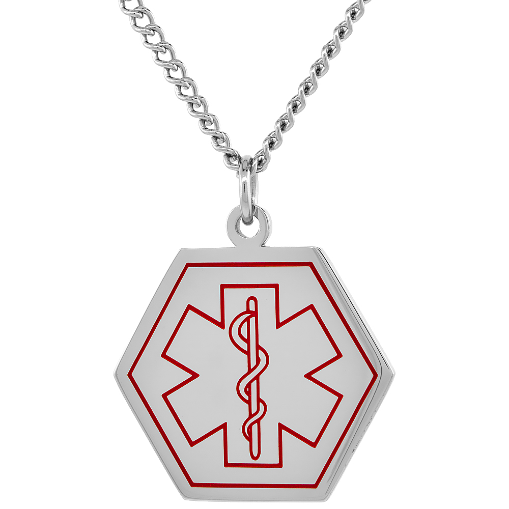 Surgical Steel Medical Alert Diabetic Non-Insulin Necklace Hexagon Shape 1 Inch Wide, 30 Inch