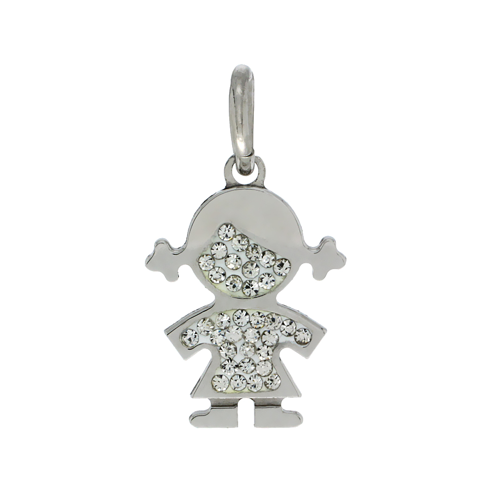 Sterling Silver Girl Charm with Pigtails Swarovski Crystals, 1 inch long