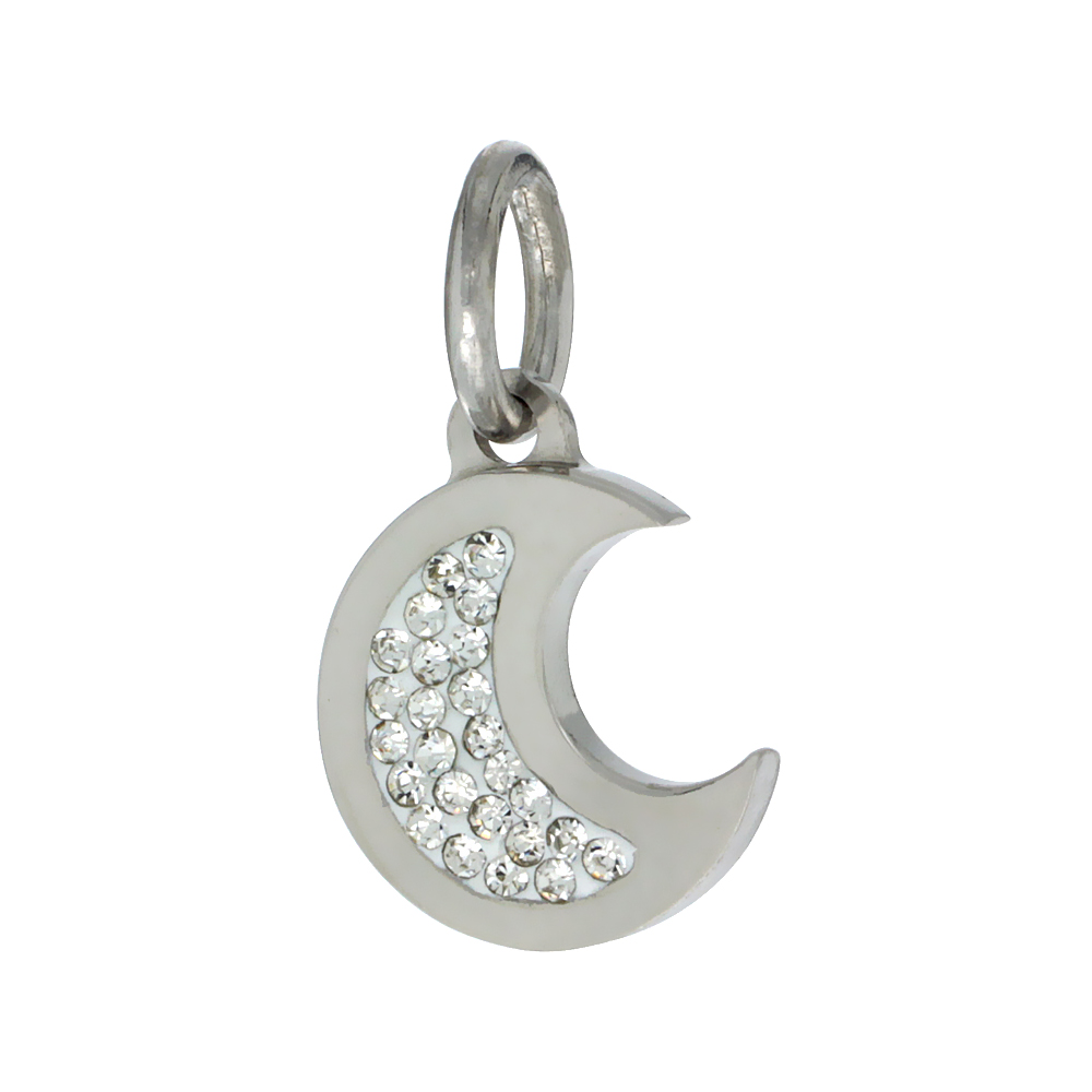 Sterling Silver Crescent Moon Charm with Swarvoski Crystals, 3/4 inch long