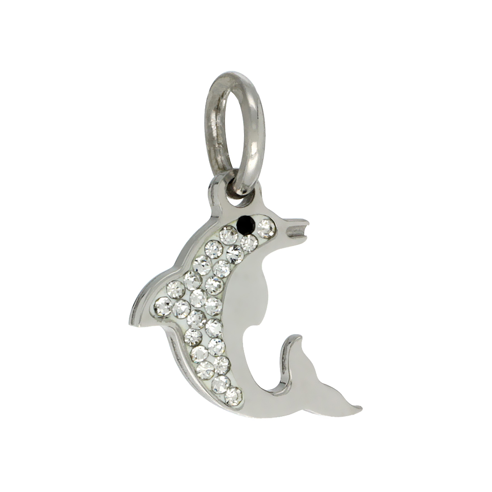 Sterling Silver Dolphin Charm with Swarovski Crystals, 3/4 inch long