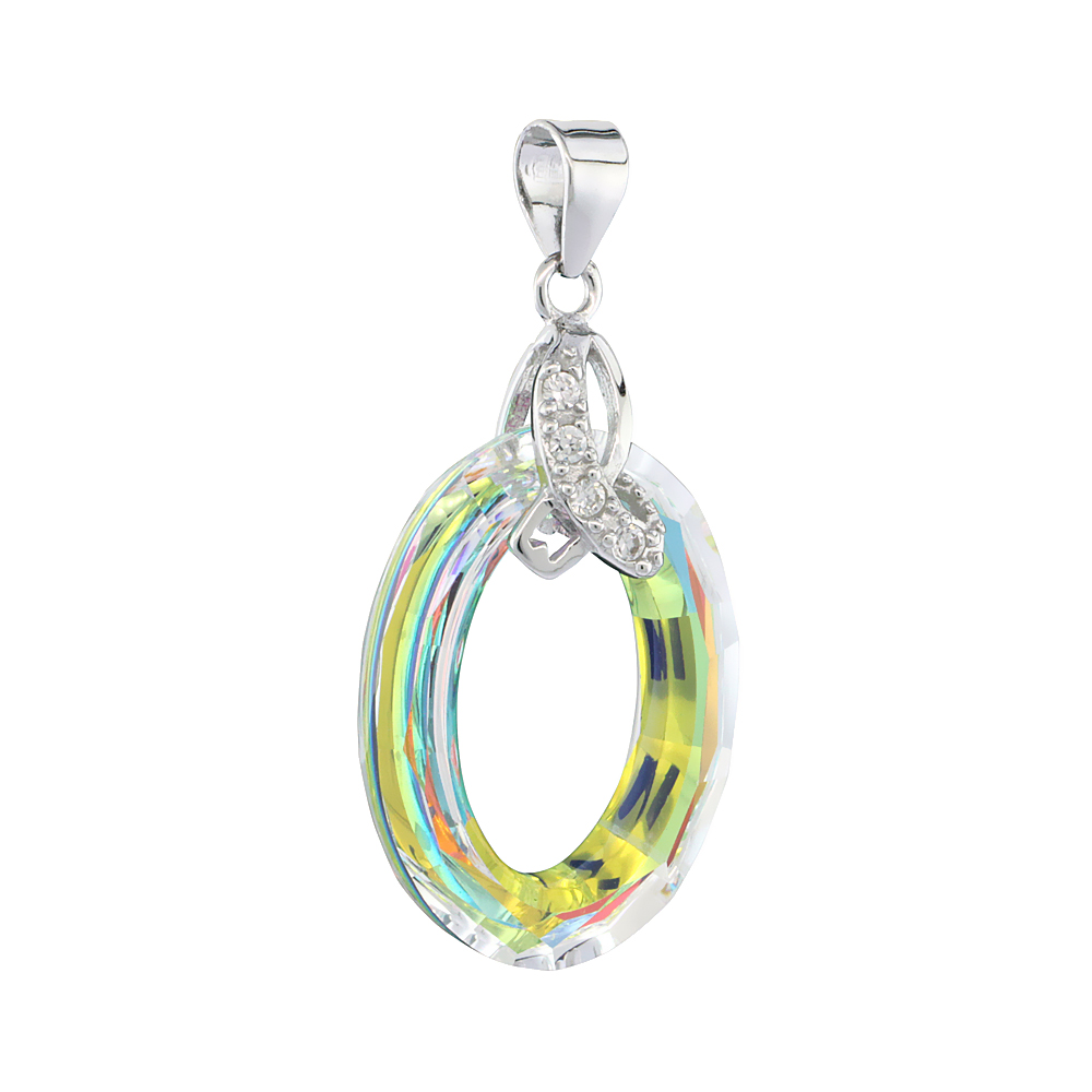 Sterling Silver Clear Swarovski Crystal Oval Pendant CZ Bail Accent Rhodium Finish, 5/8 inch wide