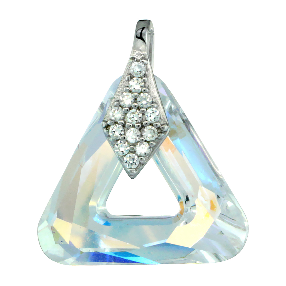 Sterling Silver Clear Swarovski Crystal Triangle Pendant CZ Bail Accent Rhodium Finish,3/4 inch wide