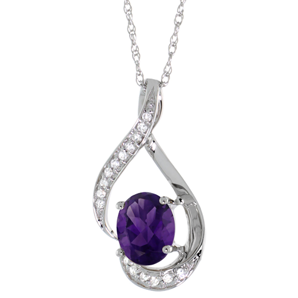 14K WHITE GOLD DIAMOND NATURAL AMETHYST NECKLACE OVAL 7X5 MM, 18 INCH LONG