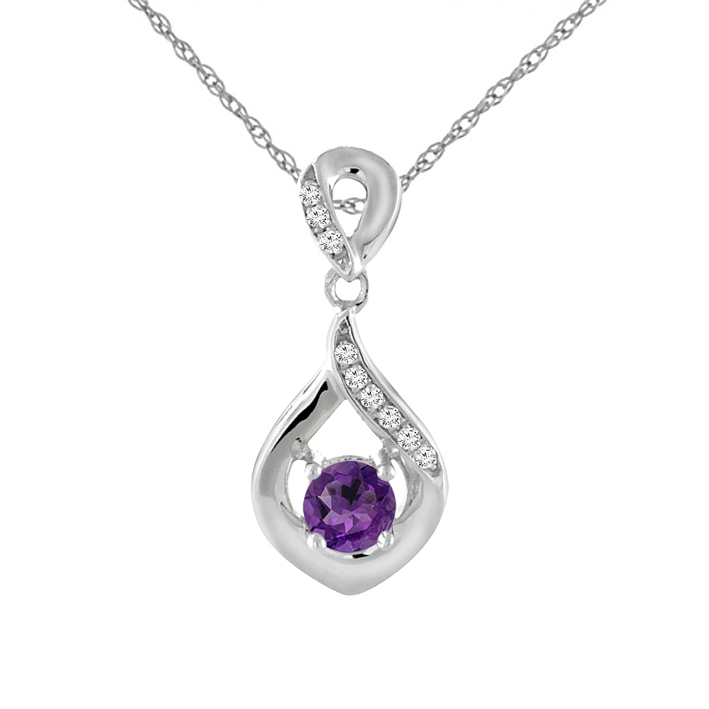 14K White Gold Natural Amethyst Necklace with Diamond Accents Round 4 mm