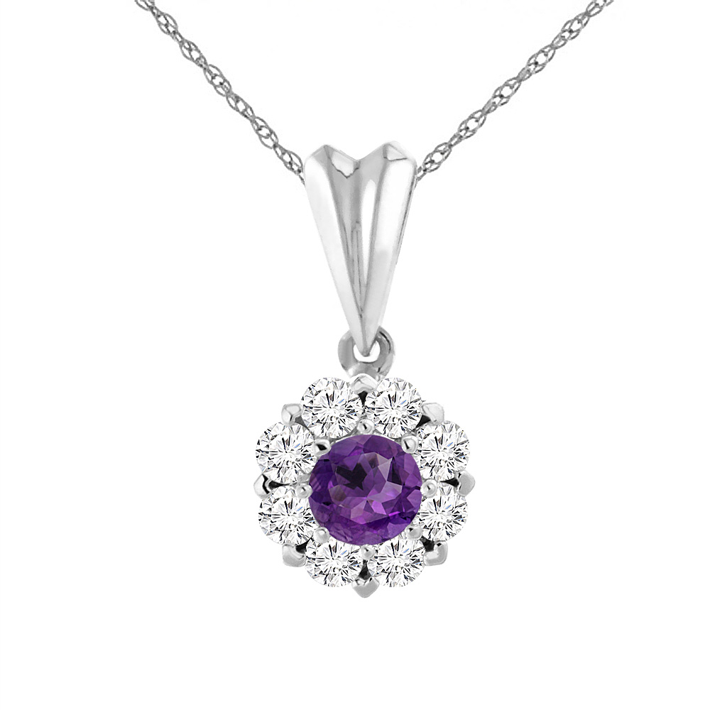 14K WHITE GOLD NATURAL AMETHYST NECKLACE WITH DIAMOND HALO ROUND 4 MM