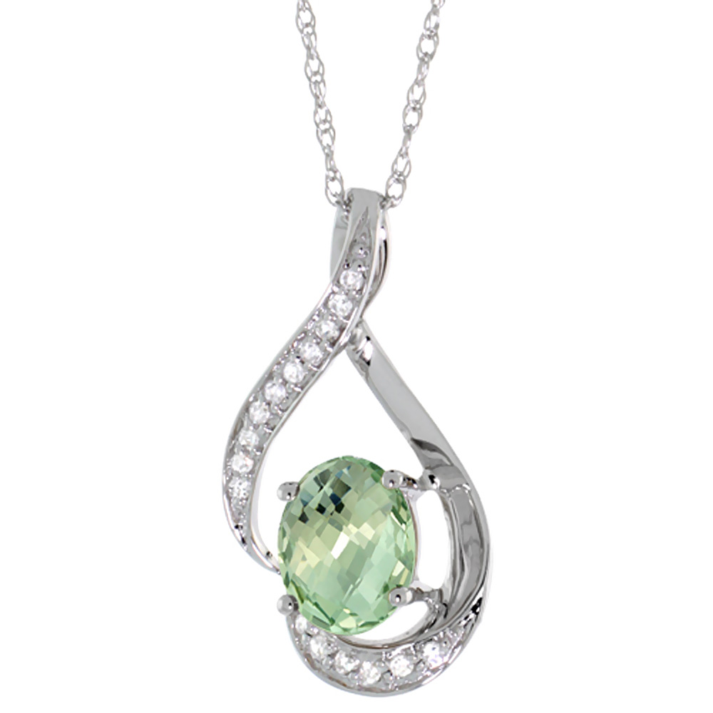 14K White Gold Diamond Natural Green Amethyst Necklace Oval 7x5 mm, 18 inch long