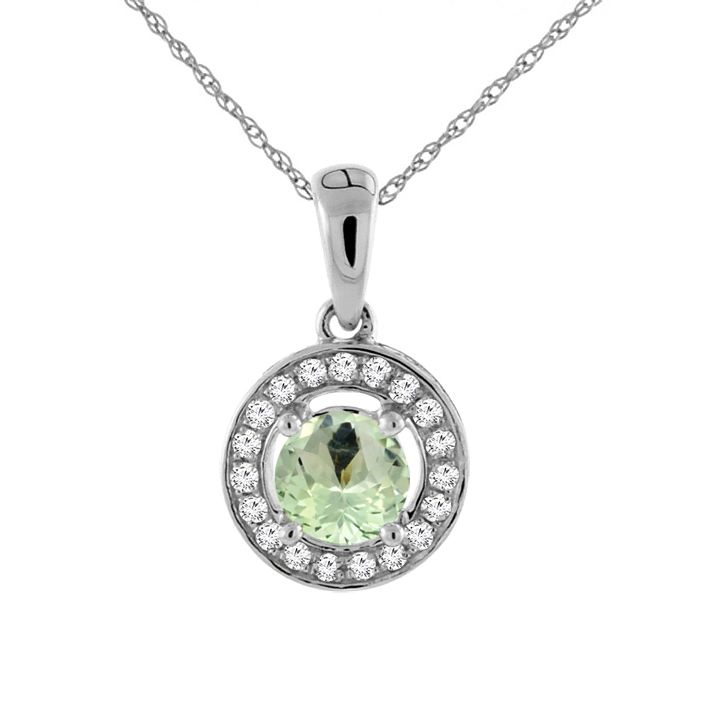 14K White Gold Natural Green Amethyst Necklace with Diamond Halo Round 5 mm