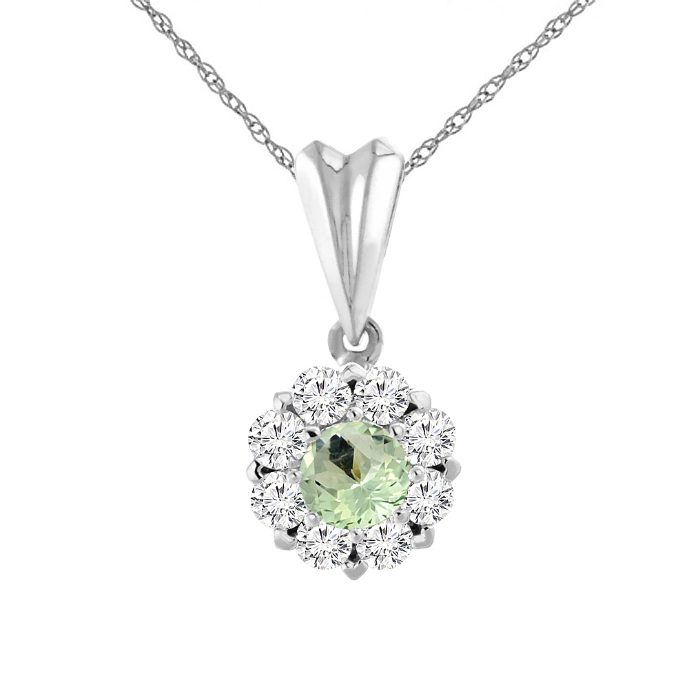 14K White Gold Natural Green Amethyst Necklace with Diamond Halo Round 6 mm